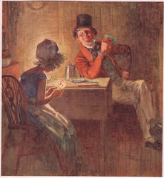 Die Marquise hielt ihre Karten sehr fest in beiden Händen und überlegte, welche sie spielen sollte, ca. 1920 (Farblithografie)
