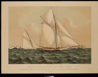 Mayflower von der Flotte begrüßt. Überquert den Bug der Galatea in ihrem ersten Rennen um den America