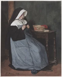 Eine Nonne, die an einem Tisch sitzt und strickt