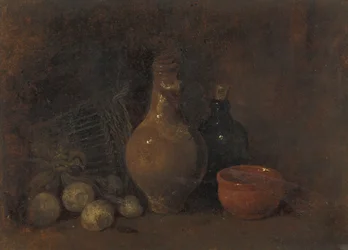 Stillleben mit vier Früchten, Glas und Keramik