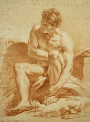 Sitzender Akt mit einem Stab, links ein Relief mit Putten, 1738
