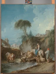 Landschaft mit fernen Gebäuden und einer Hirtin
