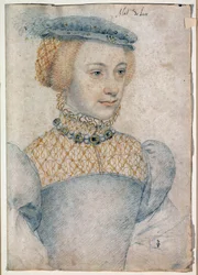 Porträt von Anne de Pisseleu, Ehefrau von Louis de Coesmes, Herr von Lucé (1520 -?). Zeichnung mit schwarzem Stein und Blut von Francois Clouet (1515-1572)