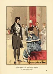 Dandytum in der Romantik, ein Ballsaal im Jahr 1834. Ein Geck im Frack, in engen Hosen und mit Zylinder. Frau in einem pelzbesetzten Kleid mit einer Feder im Haar. Handkolorierte Lithografie von R.V. nach einer Illustration von François Courboin aus