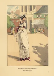 Modische Frau vor dem Théâtre des Variétés, Boulevard Montmartre, Jahr VII