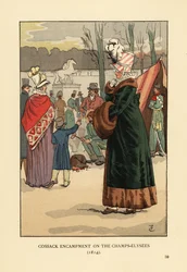 Frau in pelzgefüttertem Mantel mit Pelzmuff besucht das Tatar- und Kalmyk-Kosakenlager in Paris nach dem Fall Napoleons. Kosakenlager auf den Champs Elysees