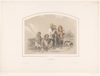 Familie mit Hund in einem Regenschauer