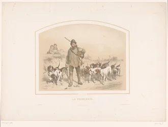 Jäger mit zehn Jagdhunden