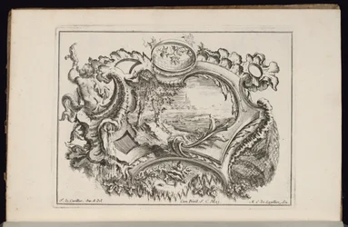 Kartusche mit Putto, der eine Muschel bläst, Livre de Cartouches Irréguliers (Buch der unregelmäßigen Kartuschen)