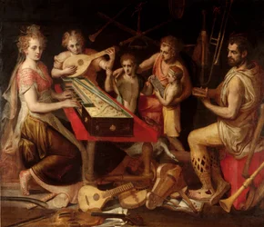 Musik. Antike Figuren, umgeben von Musikinstrumenten, bilden eine Allegorie. (1515-1570), 16. Jahrhundert, Genua, Privatsammlung