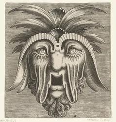 Maske mit offenem, zahnlosem Mund, hängenden Wangen und Haarschöpfen