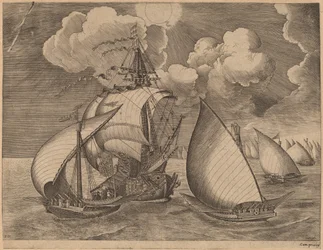 Eine Flotte von Galeeren eskortiert von einer Karavelle