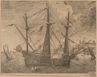 Bewaffneter Dreimaster vor Anker in der Nähe einer Stadt