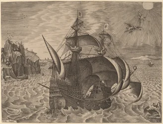 Bewaffneter Dreimaster mit Daedalus und Ikarus am Himmel