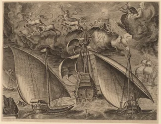 Zwei Galeeren hinter einem bewaffneten Dreimaster mit Phaethon und Jupiter am Himmel