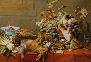 Stillleben mit Früchten, Wild, Gemüse, einem lebenden Affen, Eichhörnchen und Katze
