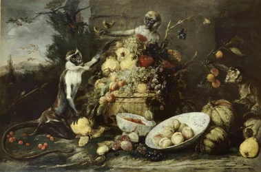 Drei Affen stehlen Früchte, mit Blick auf eine Landschaft
