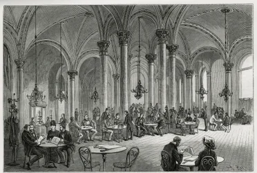 Das zentrale Café in Wien (Österreich). Gravur von Kollarz, zur Illustration der Geschichte Wien und seine Vororte von M. Newlinski, 1881, veröffentlicht in Le tour du monde, unter der Leitung von Edouard Charton (1807-1890)