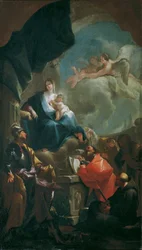 Thronende Madonna mit Kind, von Heiligen verehrt