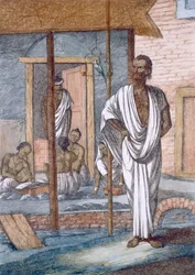 Geldwechsler in seinem Laden, sein Gehilfe beim Aufzeichnen von Transaktionen und ein Nymphensittich als Haustier, aus „The Hindus, or the Description of their Manners, Costumes and Ceremonies“, ca. 1808-12