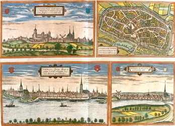 Ansichten und Pläne von Kleve, Duisburg, Emmerich am Rhein in Deutschland und Genappe in Belgien