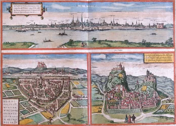 Ansichten von Mainz (Moguntia), Würzburg, Deutschland und Sion (Sedunum) in der Schweiz