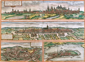 Ansichten von Nürnberg (Nurnberga), Ulm (Ulma), Lindau (Lindola), Deutschland und Salzburg (Salisburgensis) in Österreich (Radierung)