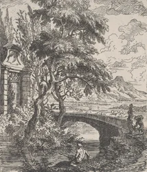 Tafel 7: zwei Figuren rechts, die im Begriff sind, eine Steinbrücke zu überqueren, ein Fischer im Vordergrund