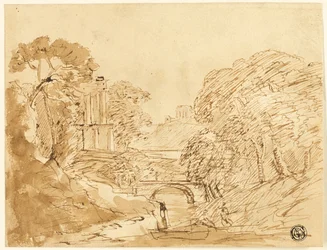 Landschaft mit Brücke und Ruinen