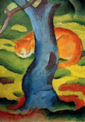 Kinderbild (Katze hinter einem Baum)