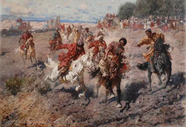 Tscherkessen feiern das Ende des Muharram mit dem Reitsport des Rennens um das Preis-Lamm, 1889