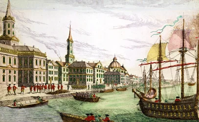 Landung der englischen Truppen in New York, 29. Juni 1776 (farbiger Stich)