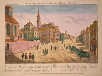Ansicht der Rue des Recolets in Quebec, veröffentlicht ca. 1770er Jahre (handkolorierter Stich)