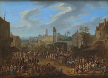 Jahrmarkt mit Tempel und Maibaum