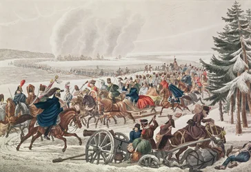 Der Rückzug der französischen Armee über den Fluss Beresina, 26. November 1812, graviert von J.A. Klein