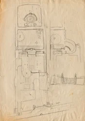 Entwurfsskizzen zu Matschs Ateliervilla - Grundriss von Gesamtanlage und Garten, Toranlage