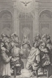 Pfingsten, mit den Aposteln und der Jungfrau Maria im Kreis sitzend, der Heilige Geist