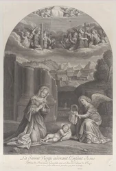 Die Jungfrau Maria betet das Christkind an, ein Engel hält rechts eine Dornenkrone, ca. 1729
