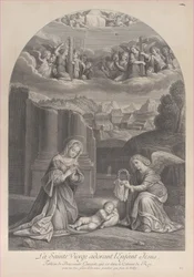 Die Jungfrau Maria, die das Christkind anbetet, ein Engel hält rechts eine Dornenkrone