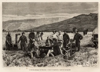 Die geologische Mission der Vereinigten Staaten ist jung in der Ebene, Radierung nach der Zeichnung von Laguillermie, die eine Reihe geografischer Missionen durch den Nationalpark der Vereinigten Staaten von 1870 bis 1872 durch die Herren Hayden, Doane