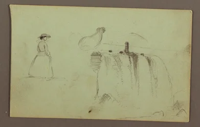 Ein gehendes Mädchen, ein kauerndes Huhn und die amerikanischen Fälle am Niagara-Fluss