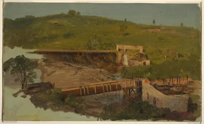 Hügel mit Viadukten und Ruinenmühlen, in der Nähe von Catskill, New York, ca. 1865