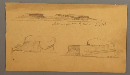 Insel vor Henly Harbor und zwei treibende Eisberge, 16. Juli 1859