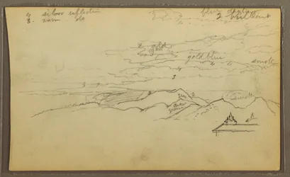 Zeichnung, Landschaft; Rückseite: Boot, Botanische Skizzen, 1857
