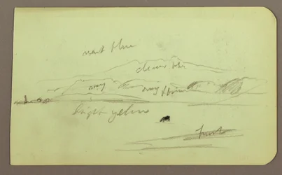 Zeichnung, Berglandschaft; Verso: Sitzende Figur, Berg, 1883