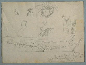 Flussufer mit Bergen und Wolken, drei botanische Skizzen und Büstenstudien von Männern mit Hüten, 1853