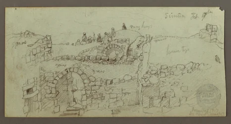 Zeichnung, Steingebäude, Männer auf dem Dach versammelt, 17. Februar, möglicherweise 1868