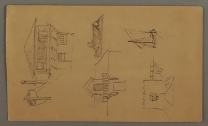 Zeichnung, Holzhaus, Zwei Segelboote, Dachstudien, möglicherweise 1868