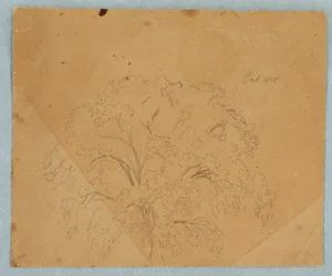 Baum; Rückseite: Ansicht einer Kirche, zwei englische Frauen von 1636, Studie eines Pferdes, Oktober 1845