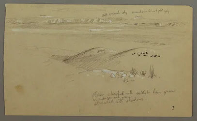 Blick über die Hügel und Ebene zu den Bergen, Tal von El Yemen, Februar 1868